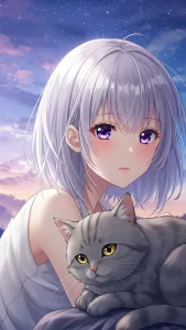خلفيات بنات أنمي مع قط رمادي