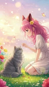 خلفيات بنات أنمي مع قط رمادي