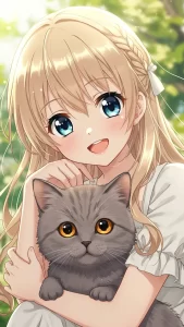 خلفيات بنات أنمي مع قط رمادي