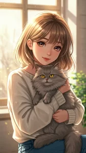 خلفيات بنات أنمي مع قط رمادي