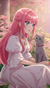 خلفيات بنات أنمي مع قط رمادي