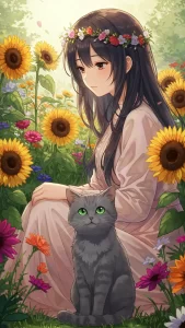 خلفيات بنات أنمي مع قط رمادي