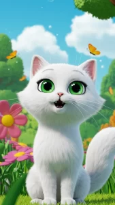 خلفية قطة بيضاء كرتونية مع فراشات