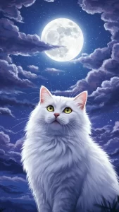 خلفية قطة بيضاء مع ضوء القمر