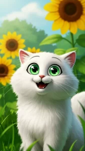 خلفية قطة بيضاء مع عباد الشمس