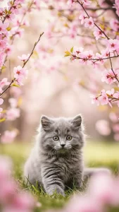 خلفية قطة رمادية مع ورد وردي