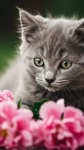 خلفية قطة رمادية مع ورد وردي