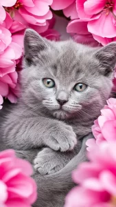 خلفية قطة رمادية مع ورد وردي