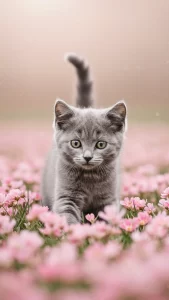 خلفية قطة رمادية مع ورد وردي