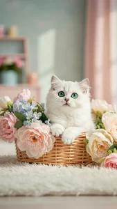 خلفية قطة في سلة مع ورود