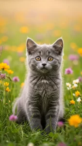 خلفية قط رمادي صغير بنظرة بريئة