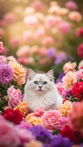 قطة بيضاء مع ورود ملونة