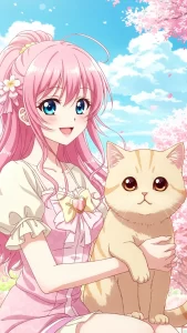 خلفيات أنمي لبنات مع قطط كريمية
