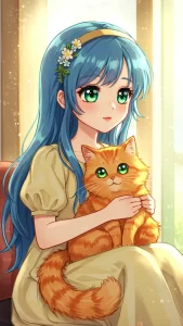 خلفيات أنمي لفتاة تحمل قطًا برتقاليًا لطيفًا