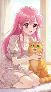 خلفيات أنمي لفتاة تحمل قطًا برتقاليًا لطيفًا