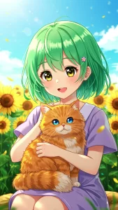 خلفيات أنمي لفتاة تحمل قطًا برتقاليًا لطيفًا