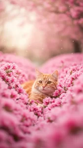 خلفيات قطة برتقالية مع زهور وردية