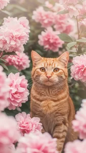خلفيات قطة برتقالية مع زهور وردية