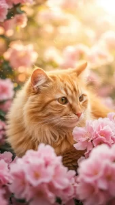 خلفيات قطة برتقالية مع زهور وردية
