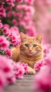 خلفيات قطة برتقالية مع زهور وردية