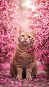 خلفيات قطة برتقالية مع زهور وردية