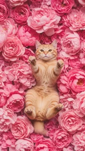 خلفيات قطة برتقالية مع زهور وردية