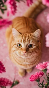 خلفيات قطة برتقالية مع زهور وردية
