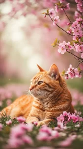 خلفيات قطة برتقالية مع زهور وردية