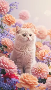خلفيات قطط كريمية مع ورود