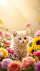 خلفيات قطط كريمية مع ورود