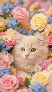 خلفيات قطط كريمية مع ورود