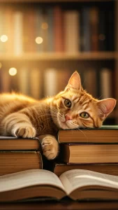 خلفيات قط برتقالي مع كتب