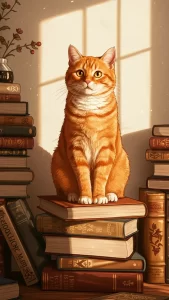 خلفيات قط برتقالي مع كتب