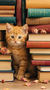خلفيات قط برتقالي مع كتب