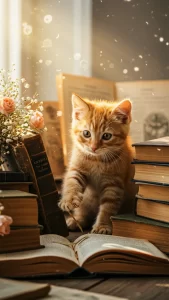 خلفيات قط برتقالي مع كتب