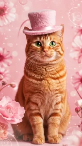 خلفية أنثوية لهريرة برتقالية ترتدي قبعة