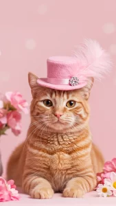 خلفية أنثوية لهريرة برتقالية ترتدي قبعة