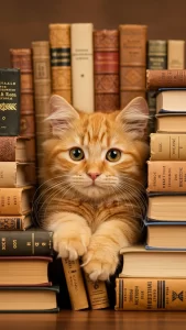 صور قط برتقالي بجانب كتاب