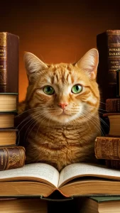 صور قط برتقالي بجانب كتاب