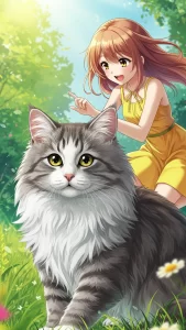 خلفيات بنات أنمي مع قط الغابة النرويجي