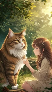 خلفيات بنات أنمي مع قط الغابة النرويجي