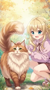خلفيات بنات أنمي مع قط الغابة النرويجي