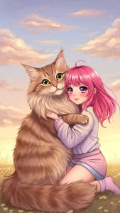 خلفيات بنات أنمي مع قط الغابة النرويجي