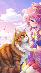 خلفيات بنات أنمي مع قط الغابة النرويجي