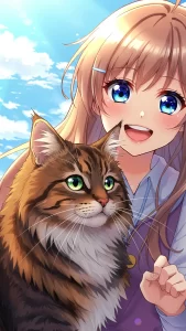 خلفيات بنات أنمي مع قط الغابة النرويجي